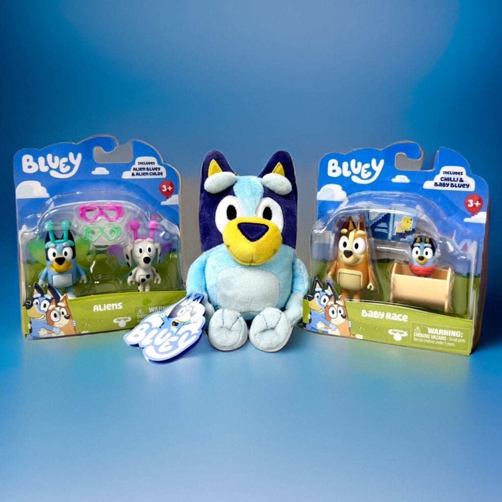 Increditoyz Bluey Figure and Plush Gift Bundle - 2-Pack Baby Race with Chilli & Baby with Cradle Accessory + 2-Pack Alien Bluey & Alien Chloe with Glasses Accessory