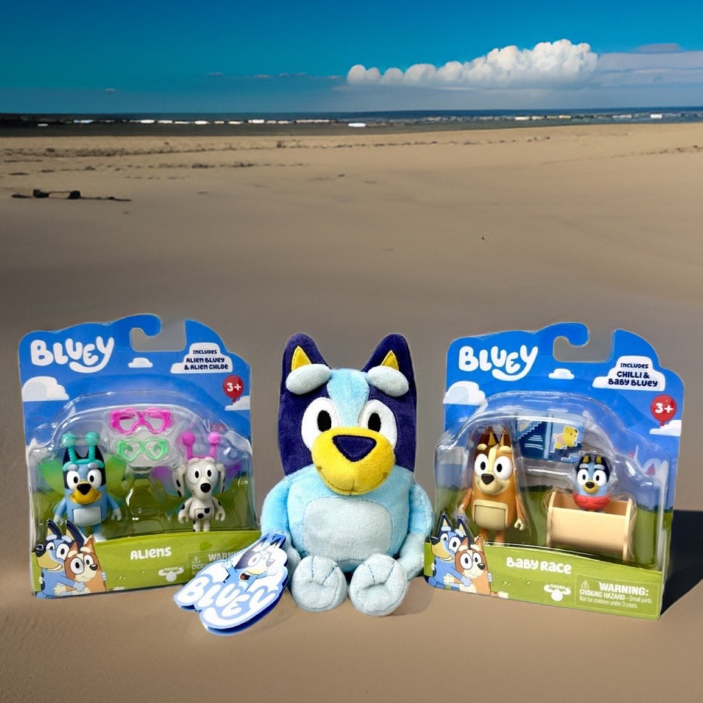 Increditoyz Bluey Figure and Plush Gift Bundle - 2-Pack Baby Race with Chilli & Baby with Cradle Accessory + 2-Pack Alien Bluey & Alien Chloe with Glasses Accessory