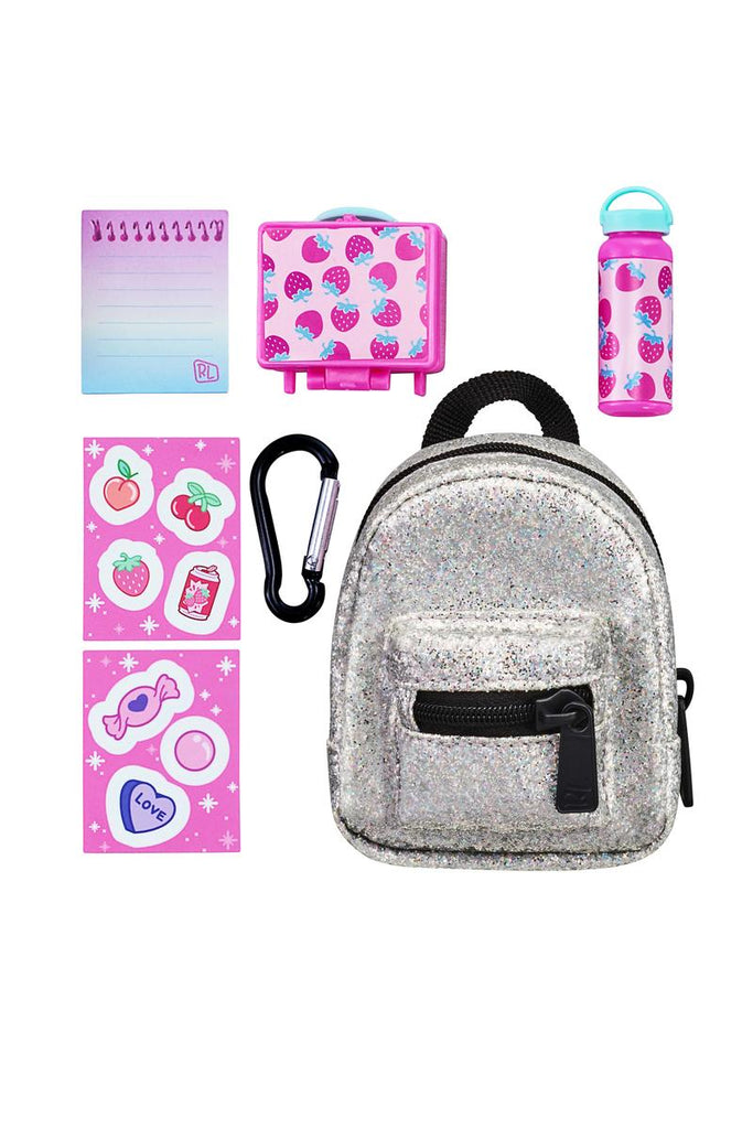Real littles toy backpack shown with micro accessories